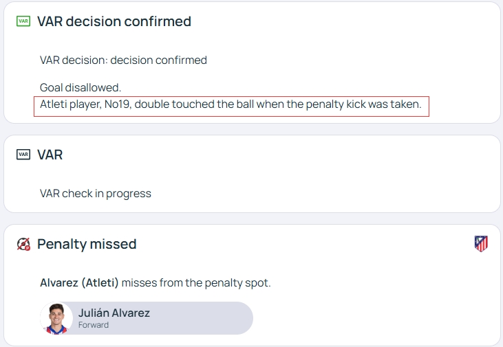 官方明確！歐冠官網(wǎng)：阿爾瓦雷斯罰點(diǎn)時(shí)2次觸球，VAR決定進(jìn)球無(wú)效